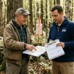 A private landowner and a USDA NRCS field staff member standing together at a property boundary in a Sullivan County New York woodland, reviewing paperwork — a site visit form and a property map. Both wear field clothes; the NRCS staff member holds a clipboard. Natural forest light, warm earth tones, documentary photography style, no filters. The mood is collaborative and professional — a federal-private partnership in action.