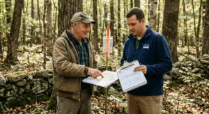 A private landowner and a USDA NRCS field staff member standing together at a property boundary in a Sullivan County New York woodland, reviewing paperwork — a site visit form and a property map. Both wear field clothes; the NRCS staff member holds a clipboard. Natural forest light, warm earth tones, documentary photography style, no filters. The mood is collaborative and professional — a federal-private partnership in action.