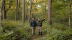 A consulting forester and a private landowner walk side by side through a mature northeastern hardwood woodlot in the Catskill Mountains. The forester points into the canopy, explaining something. Both wear field attire. The forest floor shows a mix of native ferns and invasive shrubs. Morning light filters through a mixed oak and maple canopy. Sullivan County, New York. Photorealistic, wide shot, warm documentary style, autumn.