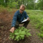 A consulting forester kneels beside a cluster of native oak seedlings emerging from the forest floor of a mature hardwood woodland in the Catskill Mountains. He examines the seedlings carefully, clipboard in hand. The understory around him transitions from invasive shrubs on one side to recovering native ferns and wildflowers on the other — showing the contrast between degraded and improving habitat. Morning light. Sullivan County, New York. Photorealistic, wide shot, warm documentary style.