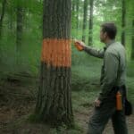 A consulting forester marks a tree with orange paint blazer in a dense overstocked northeastern hardwood stand. The stand is clearly crowded — narrow crowns, close spacing, no understory. Morning light barely reaches the forest floor. Sullivan County, New York. Photorealistic, wide shot, documentary style. The forester's marking paint can is visible in a holster on his belt.