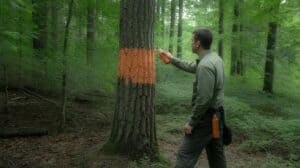 A consulting forester marks a tree with orange paint blazer in a dense overstocked northeastern hardwood stand. The stand is clearly crowded — narrow crowns, close spacing, no understory. Morning light barely reaches the forest floor. Sullivan County, New York. Photorealistic, wide shot, documentary style. The forester's marking paint can is visible in a holster on his belt.
