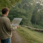 A private landowner in casual outdoor clothes standing at the edge of a mature mixed hardwood forest in upstate New York, looking into the woods with a paper map or property deed in hand. Morning light, mist in the trees, stone wall visible at the forest edge suggesting old farmland gone to forest. Documentary photography style, warm earth tones, no filters. The mood is contemplative — someone taking stock of what they own for the first time.