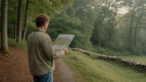 A private landowner in casual outdoor clothes standing at the edge of a mature mixed hardwood forest in upstate New York, looking into the woods with a paper map or property deed in hand. Morning light, mist in the trees, stone wall visible at the forest edge suggesting old farmland gone to forest. Documentary photography style, warm earth tones, no filters. The mood is contemplative — someone taking stock of what they own for the first time.