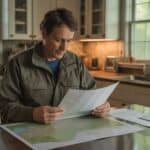 A private landowner in casual outdoor clothes sitting at a kitchen table reviewing papers — a property map, a timber appraisal document, and a check — with a window looking out onto a mature woodland in the background. Warm interior light, morning setting, Sullivan County New York rural farmhouse aesthetic. Documentary photography style, natural color. The mood is calm, informed, and purposeful — someone who understands what their land is worth.