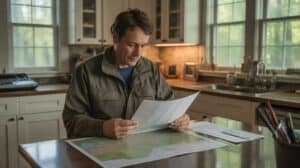 A private landowner in casual outdoor clothes sitting at a kitchen table reviewing papers — a property map, a timber appraisal document, and a check — with a window looking out onto a mature woodland in the background. Warm interior light, morning setting, Sullivan County New York rural farmhouse aesthetic. Documentary photography style, natural color. The mood is calm, informed, and purposeful — someone who understands what their land is worth.
