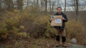 A private landowner in work boots stands at the edge of an overgrown, unmanaged woodlot in the Catskill Mountains, New York. He holds an unopened official government envelope — a NYSDEC letter. His expression is concerned. Dense invasive shrubs fill the understory behind him. Overcast light. Photorealistic, documentary style, wide shot, autumn.