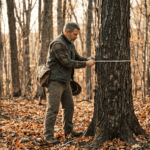 A licensed consulting forester in worn field clothes using a diameter tape to measure a large black cherry tree in a mature hardwood forest, Hudson Valley New York, late autumn light filtering through bare canopy, documentary photography style, shallow depth of field, warm natural tones, no text overlay