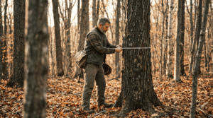 A licensed consulting forester in worn field clothes using a diameter tape to measure a large black cherry tree in a mature hardwood forest, Hudson Valley New York, late autumn light filtering through bare canopy, documentary photography style, shallow depth of field, warm natural tones, no text overlay