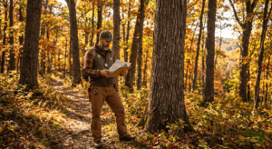 Licensed forester in field gear reviewing a paper document in a mature Hudson Valley hardwood forest, autumn foliage, tall oak and maple trees, dappled golden afternoon light filtering through orange and yellow leaves, realistic professional photography style, no text overlay, New York countryside setting