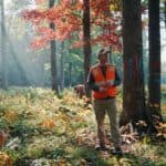 A licensed consulting forester in field vest and work boots standing in a young regenerating forest stand, large sugar maple seed trees still standing over a floor of 3-foot seedlings, dappled morning light filtering through partial canopy, autumn foliage, Catskill Mountains of New York, documentary photography style, 35mm film look, muted warm tones, no text overlay
